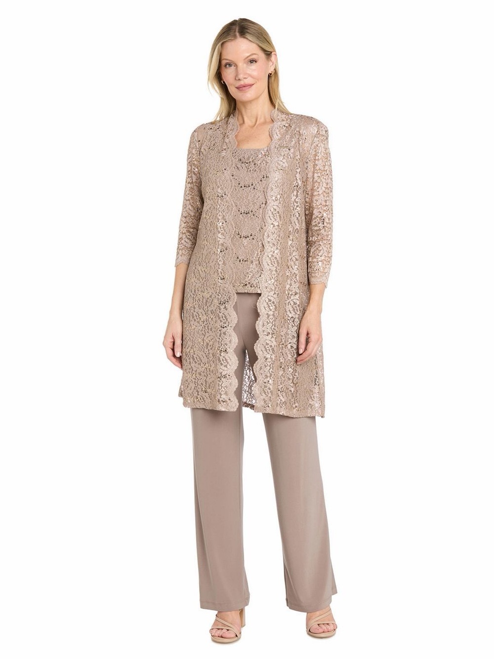 R&M Richards Taupe Lace Jacket with Wide-Leg Pants Set